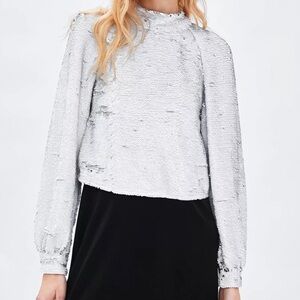 Zara trf Sequin Long Sleeve Silver and White Top Blouse